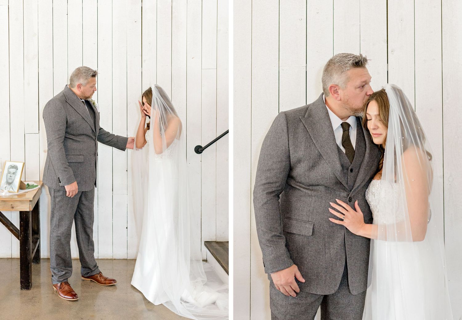 Emotional wedding day moments captured against white wooden walls in a rustic setting.