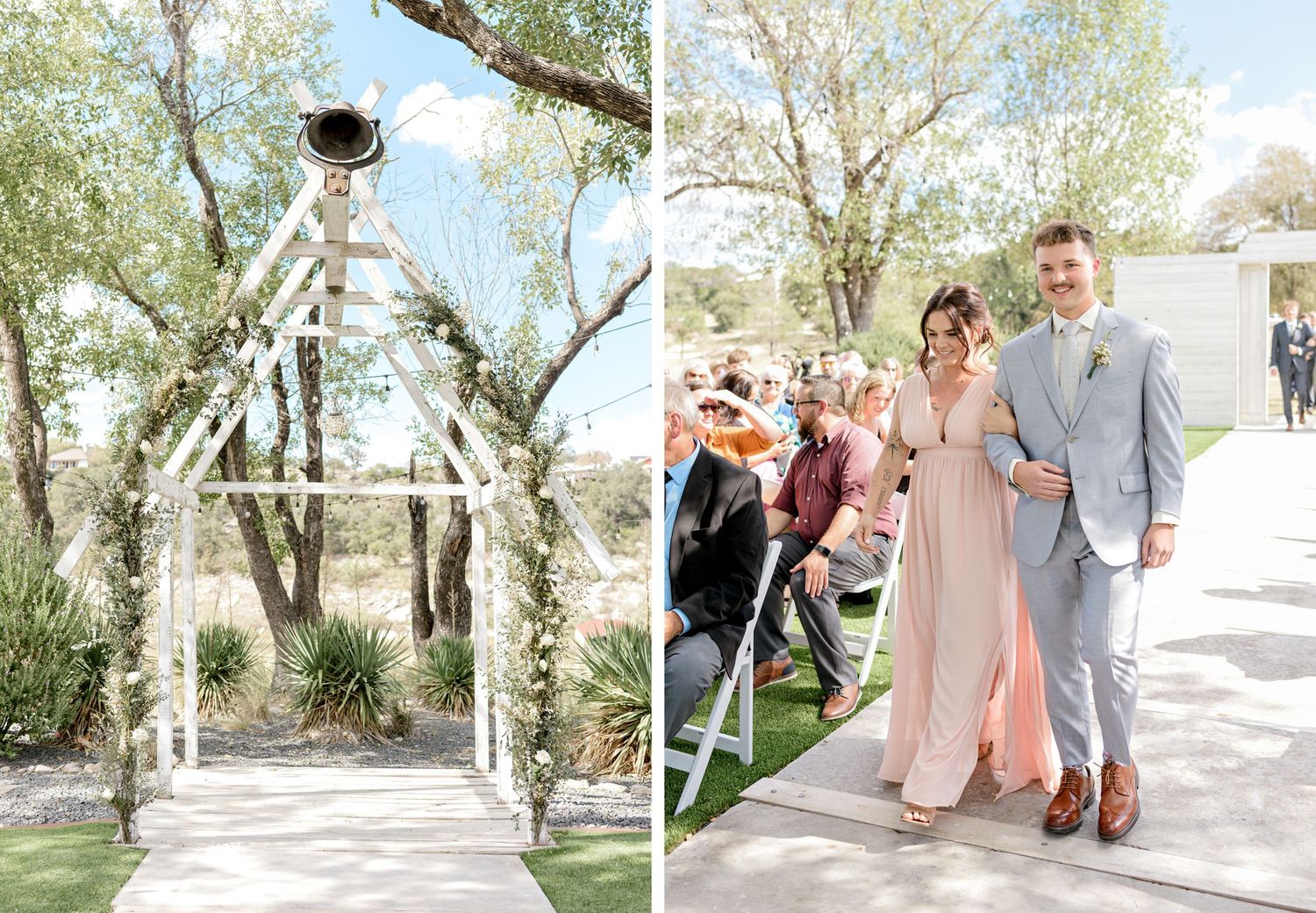 A beautiful outdoor wedding ceremony setup with a white arch decorated with florals.