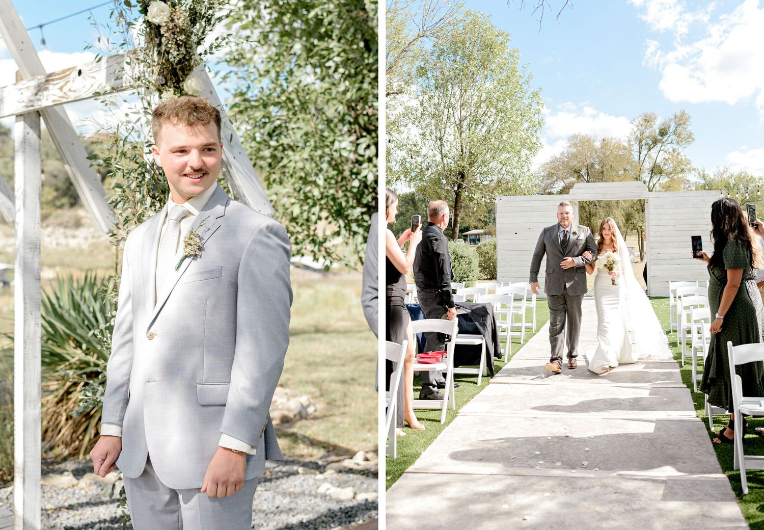 A sunlit outdoor wedding ceremony featuring a decorated white pergola and lined ceremony chairs.