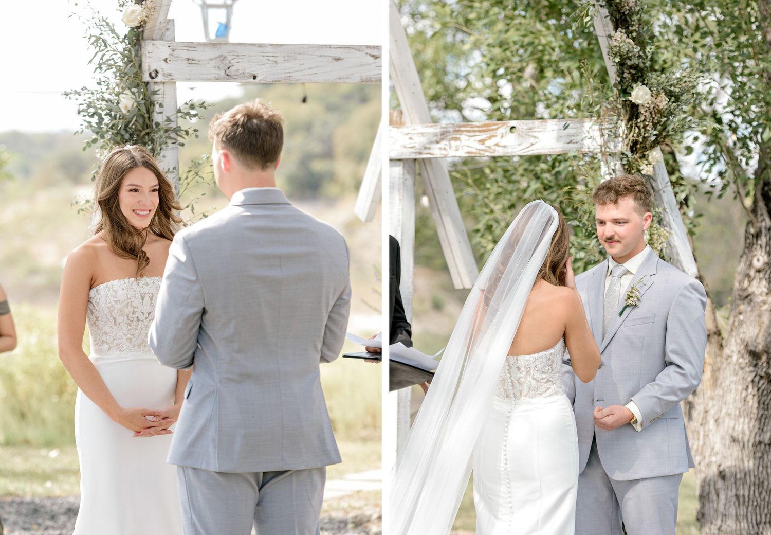 An intimate outdoor wedding ceremony shows a couple holding hands in front of a white ladder arch.