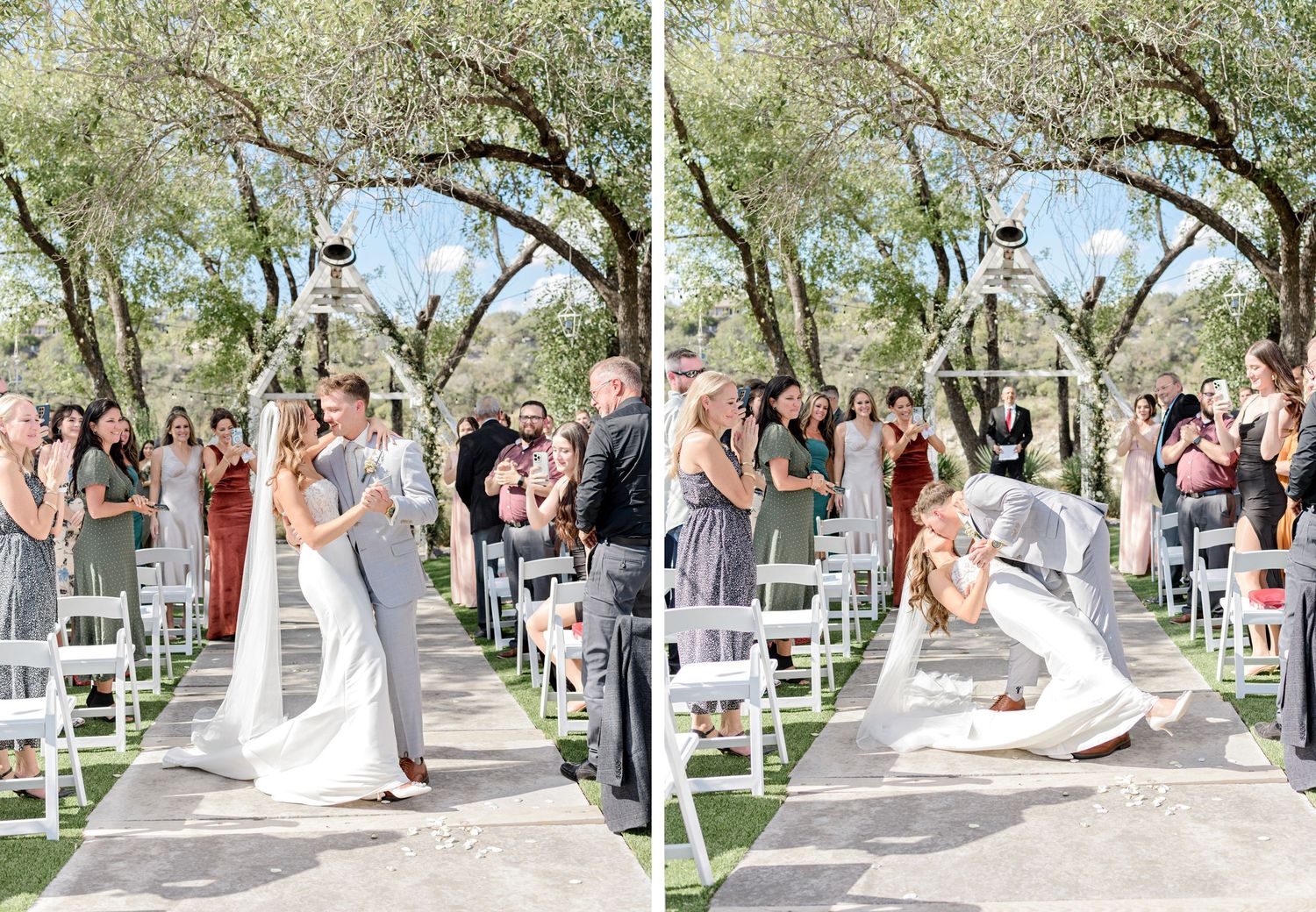 Side-by-side photos capture a celebratory moment during an outdoor wedding ceremony with seated guests.