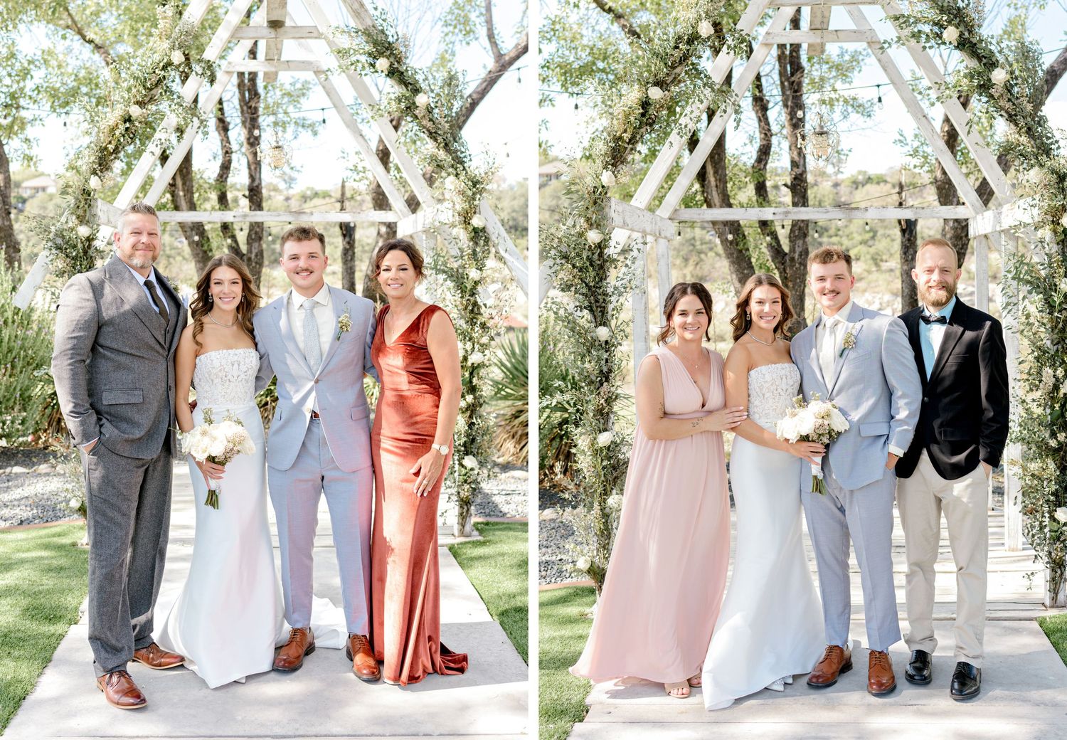 Two family group photos taken at a wedding under a decorated white arch in an outdoor setting.