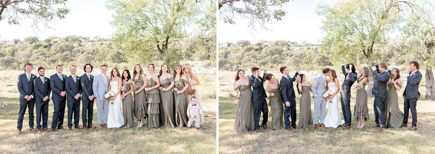 Wedding party group photos taken outdoors showing formal attire in navy and neutral colors.