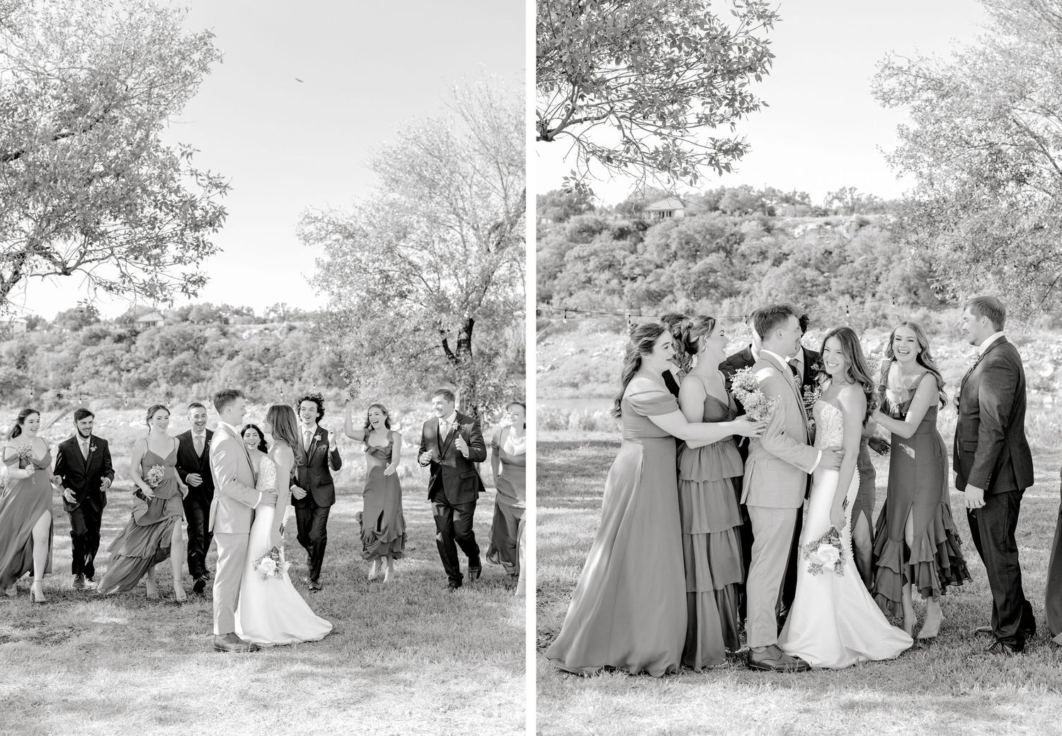 Black and white photos of wedding party celebrating outdoors under trees.