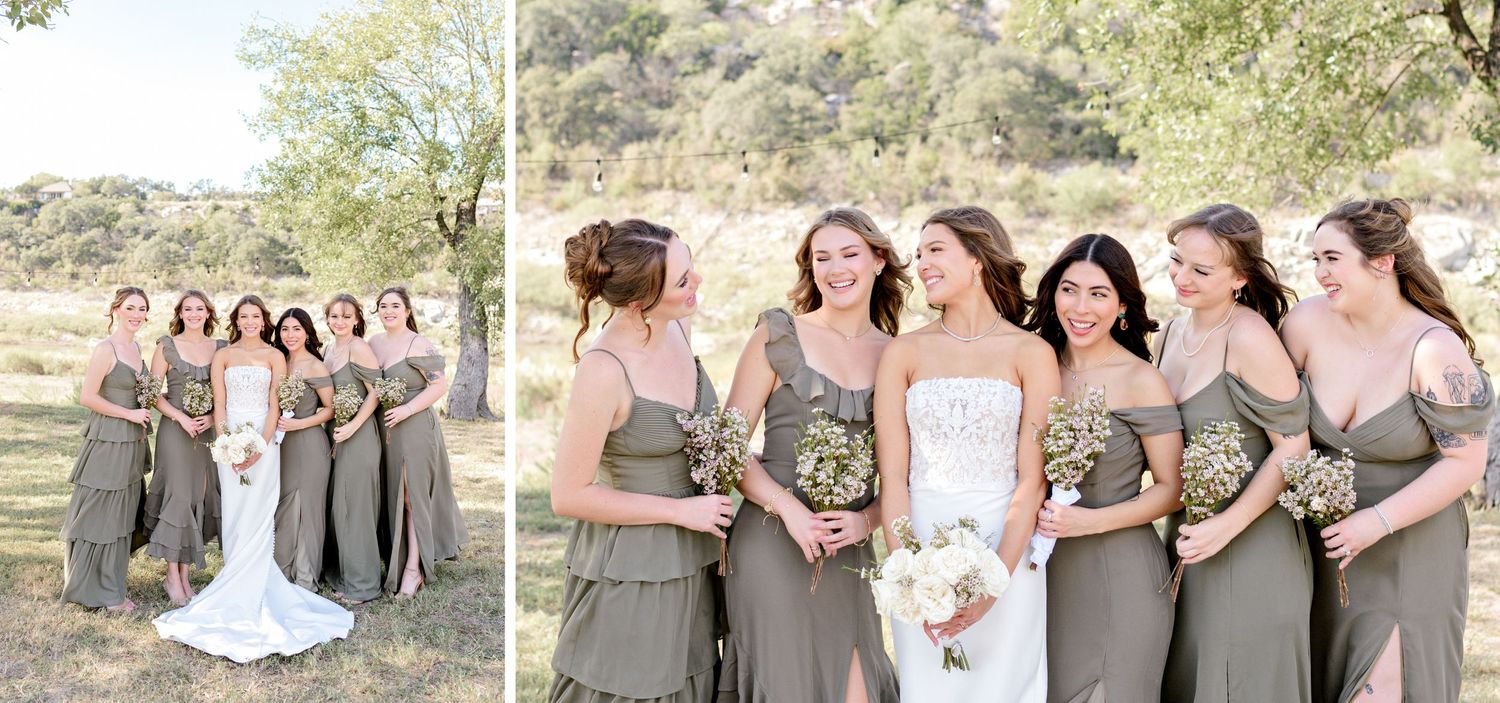 Wedding party in gray dresses poses together on a sunny hillside.