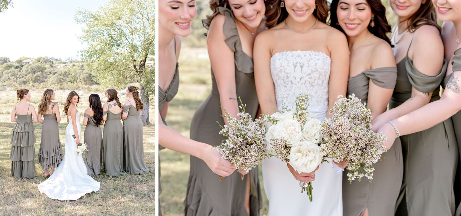Wedding party showcasing elegant gray dresses and white bouquets in natural outdoor setting.