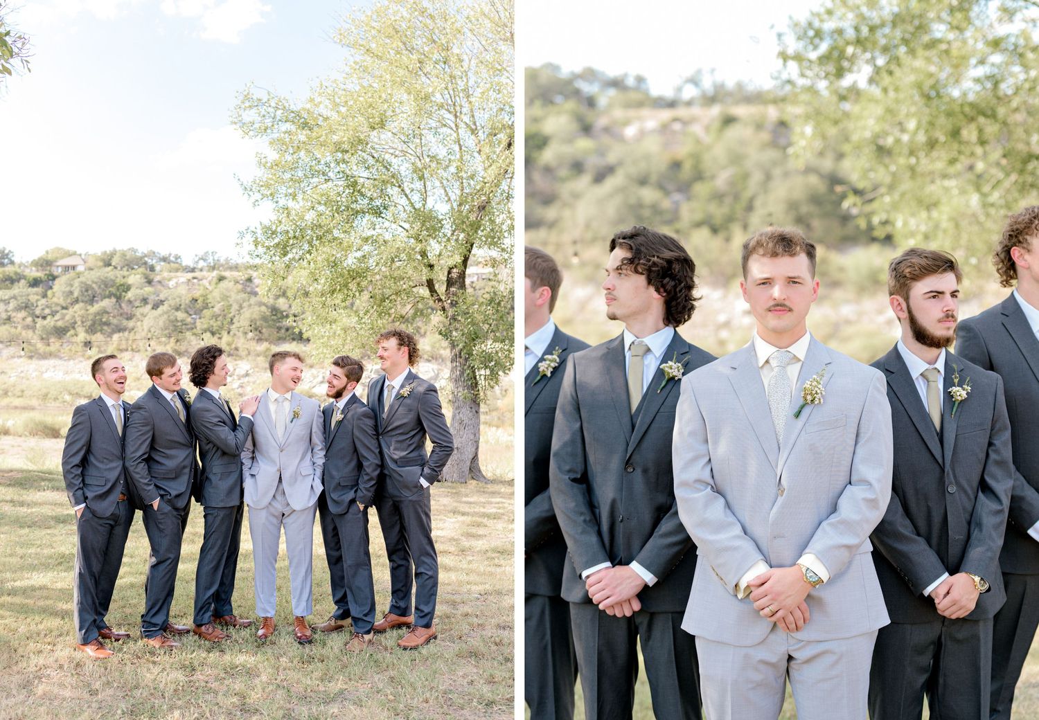 Groomsmen in navy and gray suits share candid moments during outdoor photo session.
