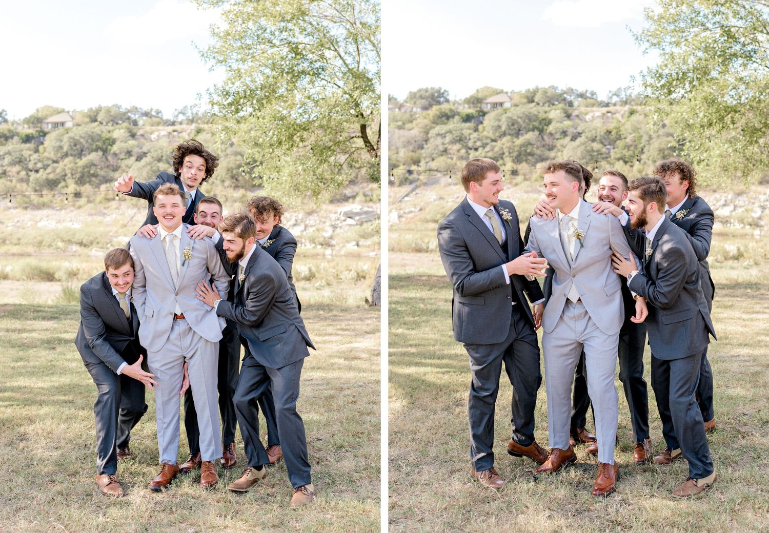 Fun candid shots of groomsmen celebrating with groom in light gray suit.