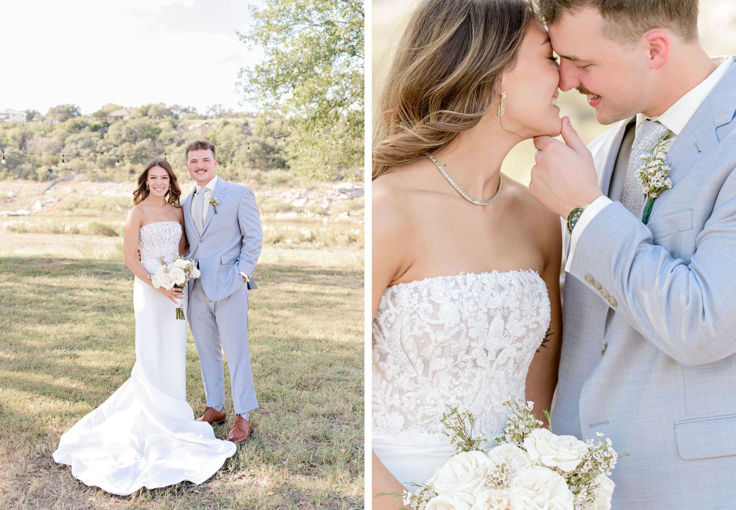 Wedding photo collage showing romantic moments in elegant attire against natural landscape.