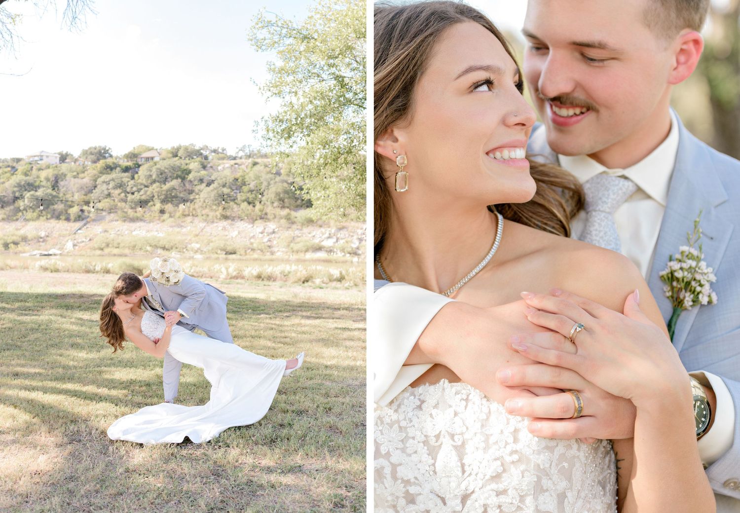 Wedding photo set capturing intimate moments and romantic dips in outdoor setting.