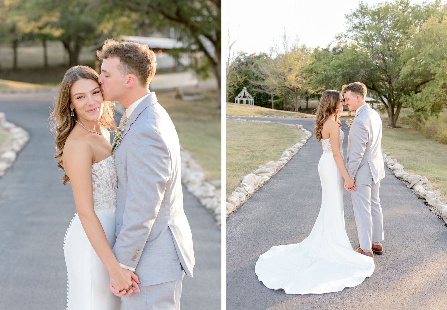 Wedding photo collage featuring romantic poses on paved pathway.