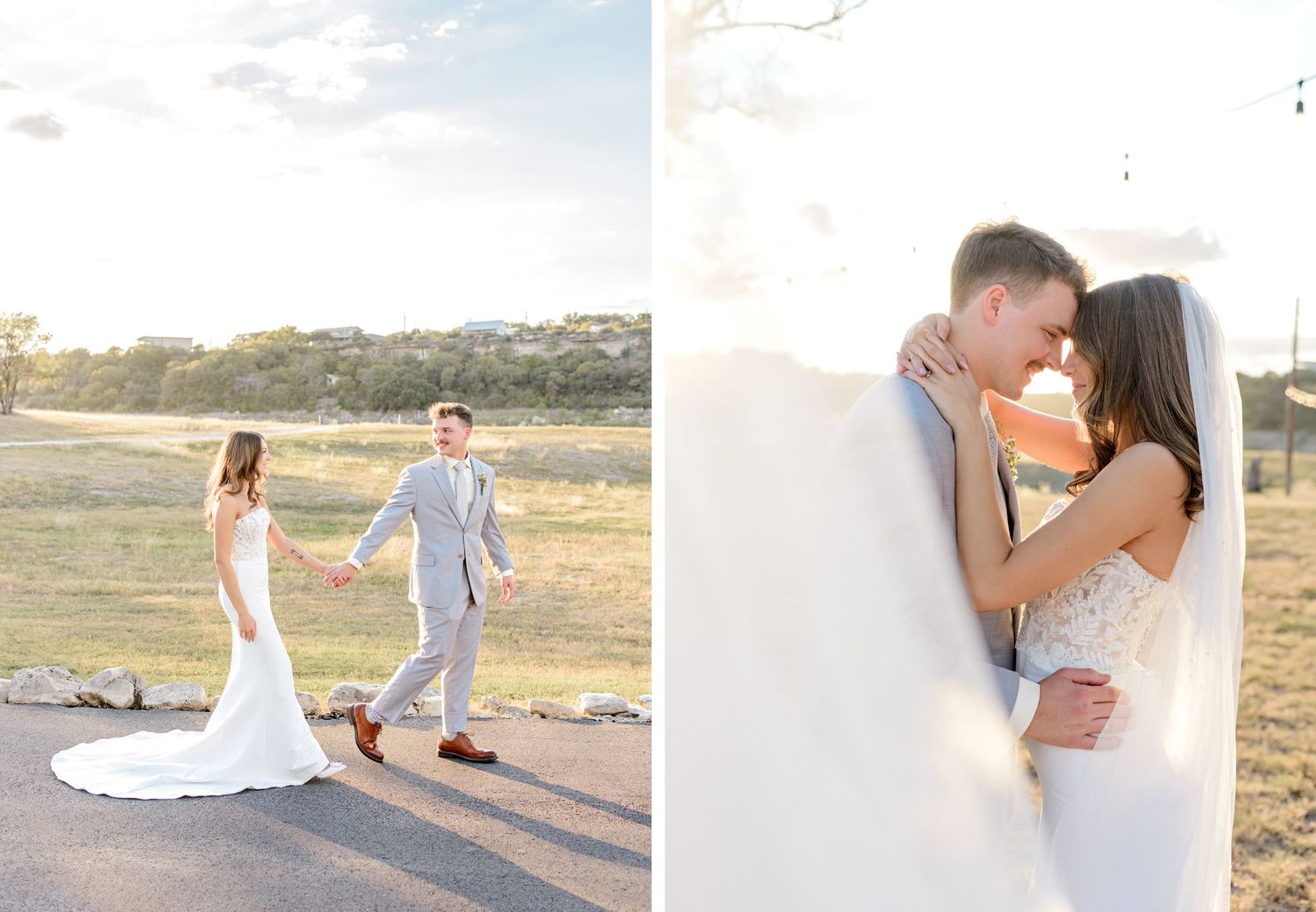 Wedding photo set showing couple walking and sharing intimate moment against natural backdrop.