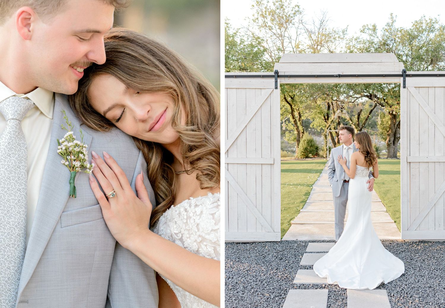 Romantic outdoor wedding portrait with couple in light grey suit and white lace dress against nature backdrop.