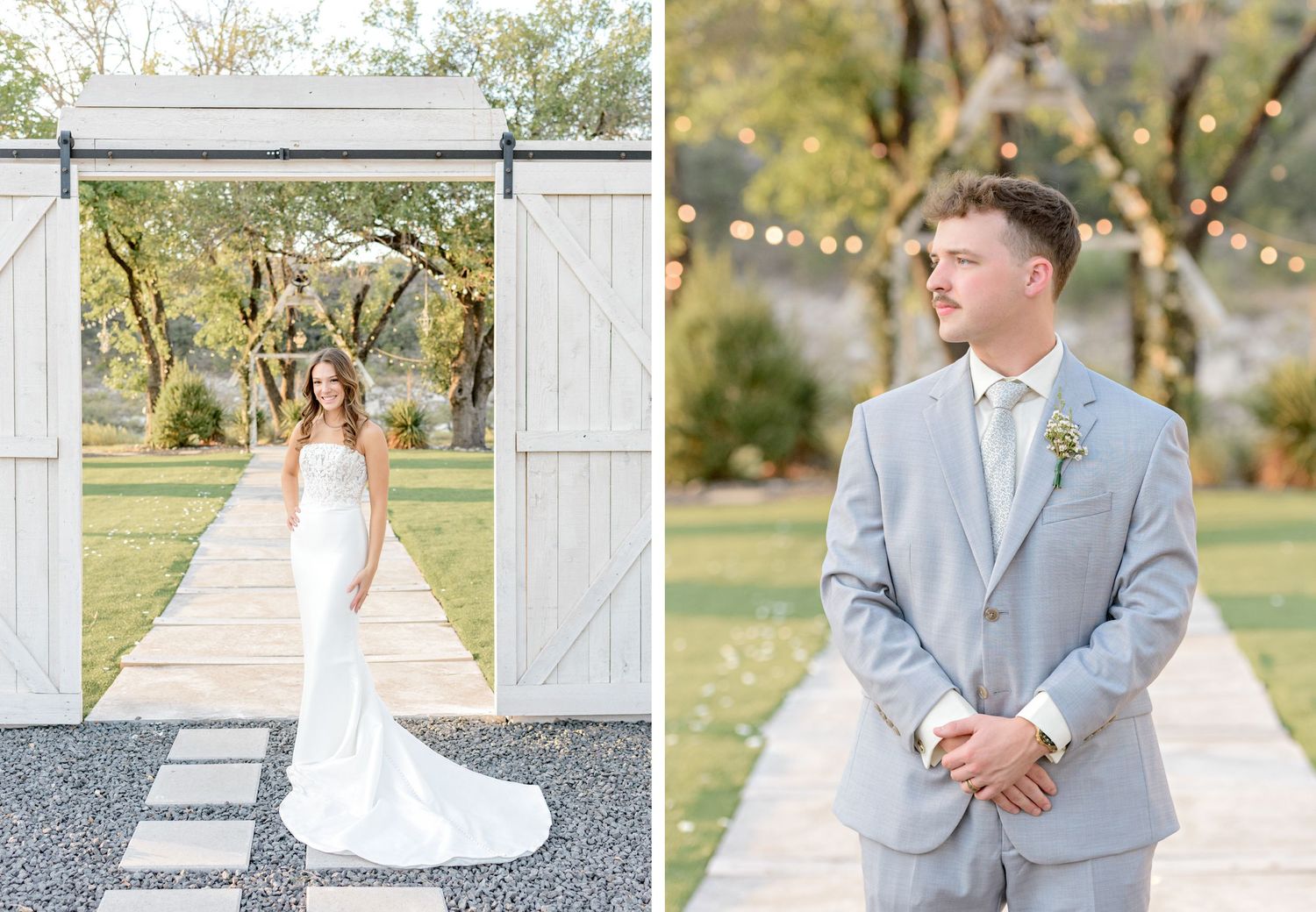 Elegant white barn doors frame wedding photos with bride in flowing gown and groom in light grey attire.