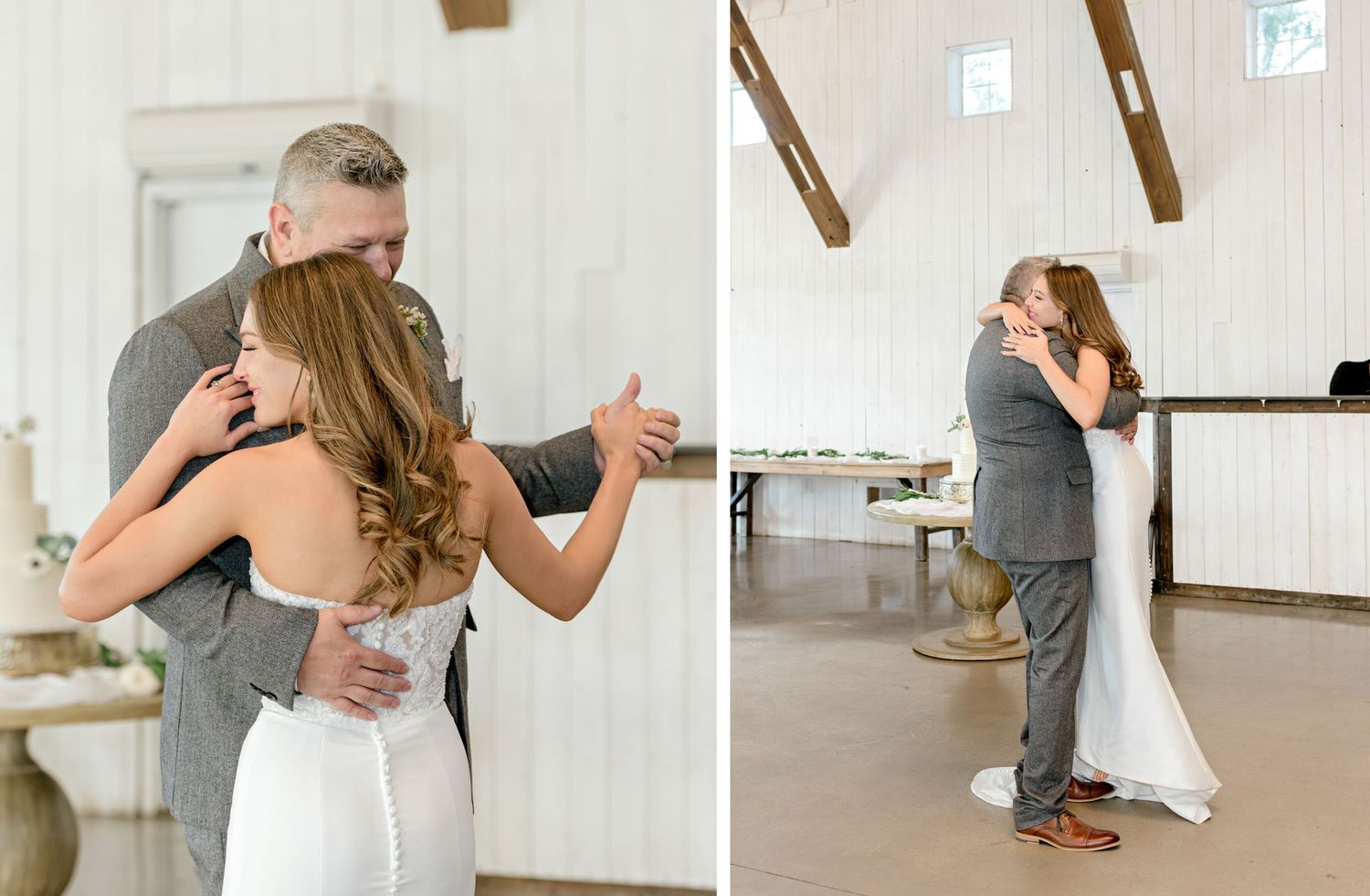 Wedding couple shares romantic dance moves in light-filled barn venue with white walls.