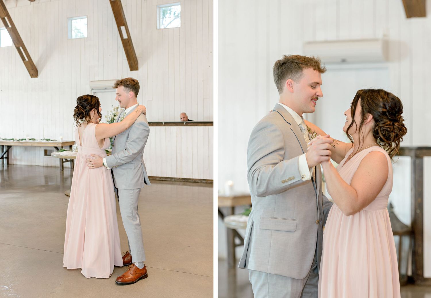 Dancing couple in light grey suit and blush pink dress share sweet moments at wedding reception.