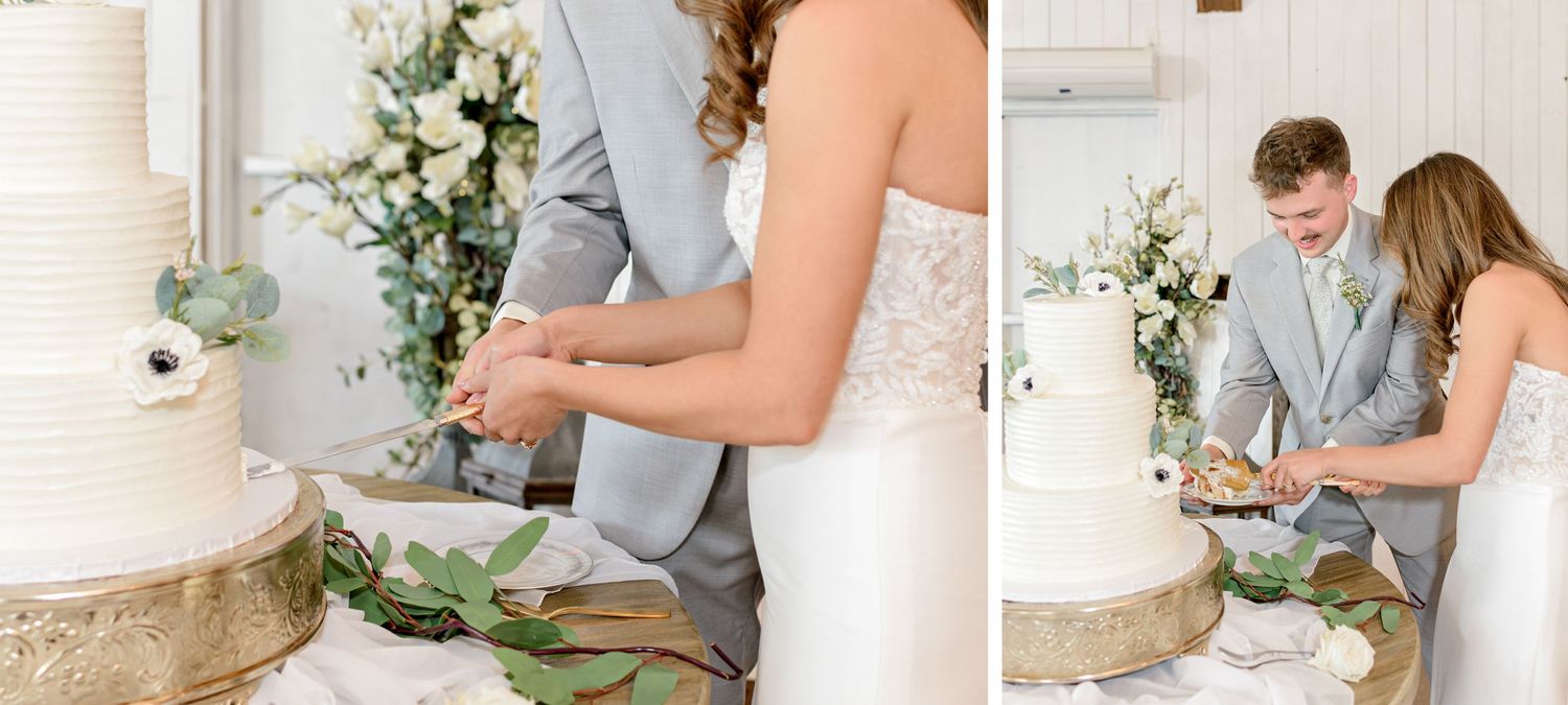 Close-up of couple cutting their white wedding cake together in rustic barn setting.