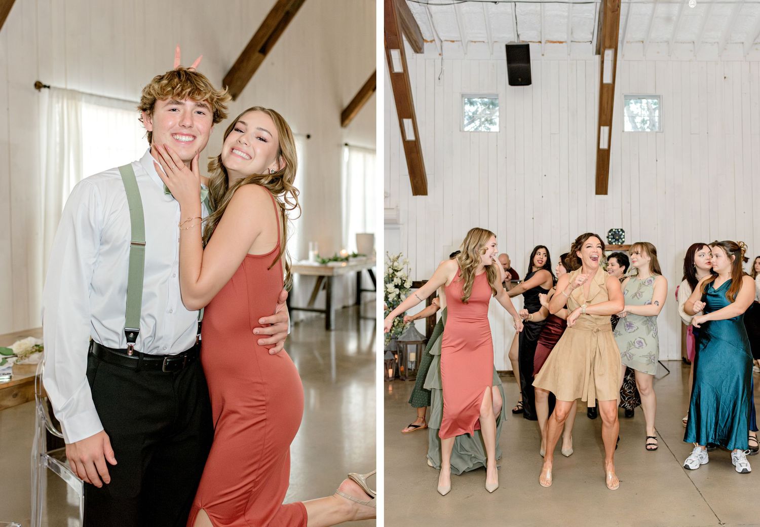 Side-by-side photos of couples and guests dancing at an elegant wedding reception.