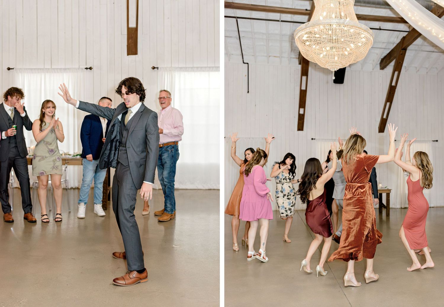 Split photo showing guests dancing and celebrating at a wedding reception in a bright venue.
