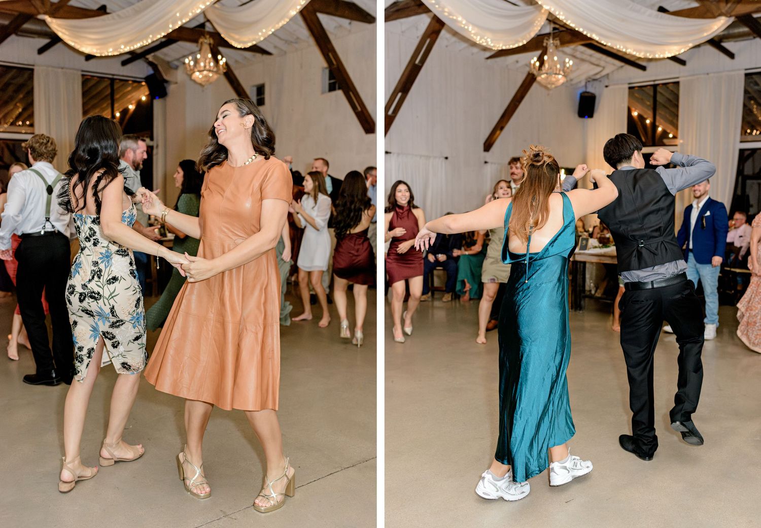 Split image of wedding guests dancing in formal attire at an elegant reception venue.
