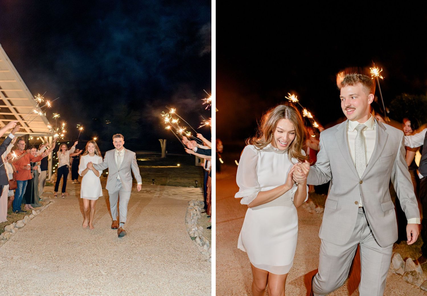 Split photo of nighttime wedding exit with sparklers lighting up the darkness.