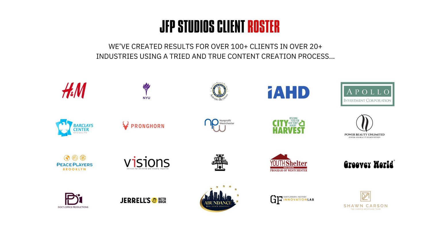 Client roster showing various company logos including H&M, iAND, and other brand partnerships.