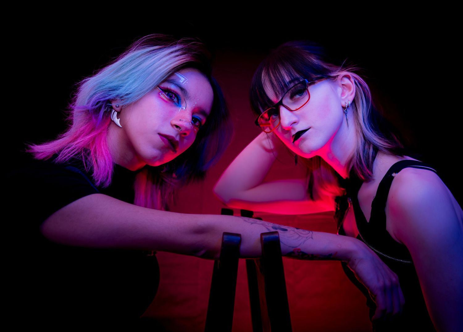 A series of dark atmospheric photos with neon pink and purple lighting create a moody nightclub aesthetic.