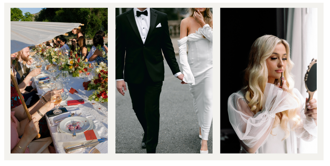 Wedding moments captured in a triptych showing table decorations, walking, and preparations.