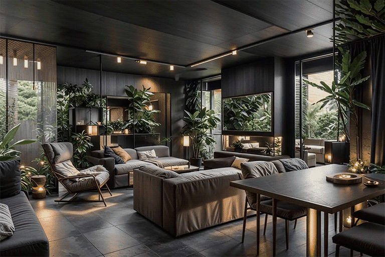 Modern dark living room with lush indoor plants, gray furniture, and ambient lighting creates a moody tropical atmosphere.