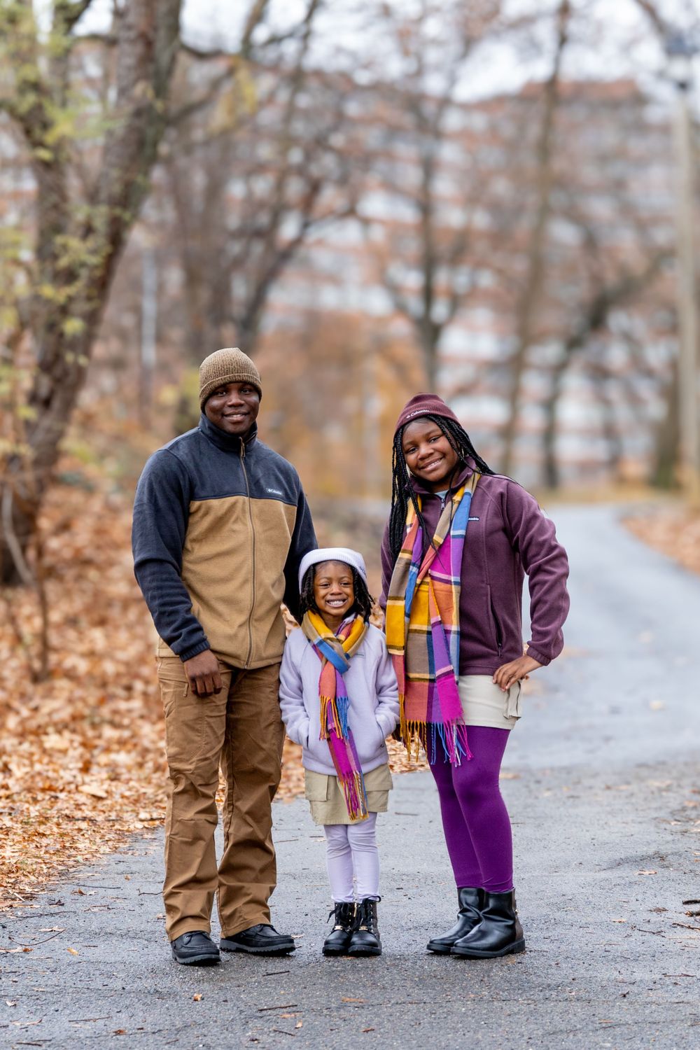 A sequence of photos showing family members walking together on a leaf-covered path in autumn.