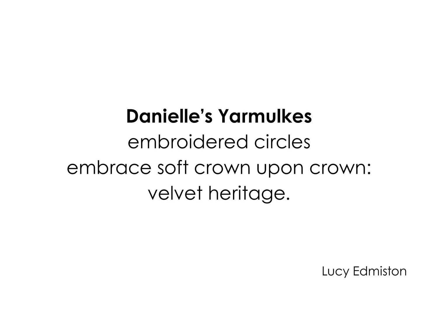 Simple text layout displays poem titled 'Danielle's Yarmulkes' with embroidered circles theme on white background.