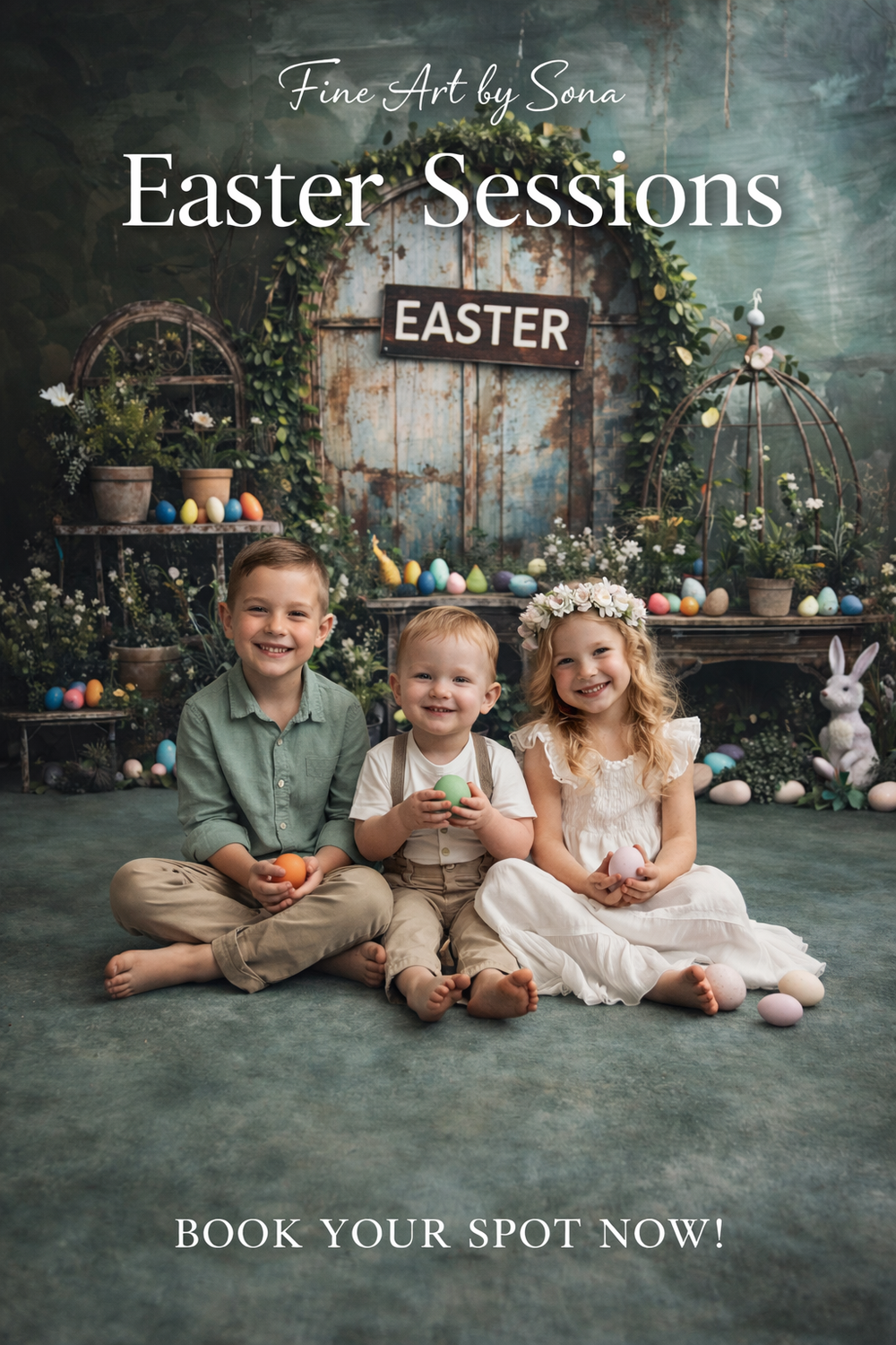 Easter photo session advertisement showing three children sitting together with spring decor and bunnies in a rustic setting.