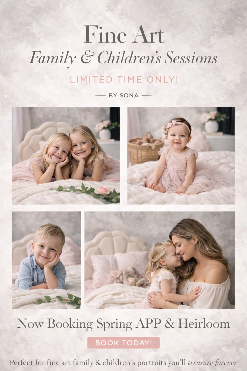 Soft and dreamy photography website banner showcasing family portraits and newborn sessions in muted pink tones.