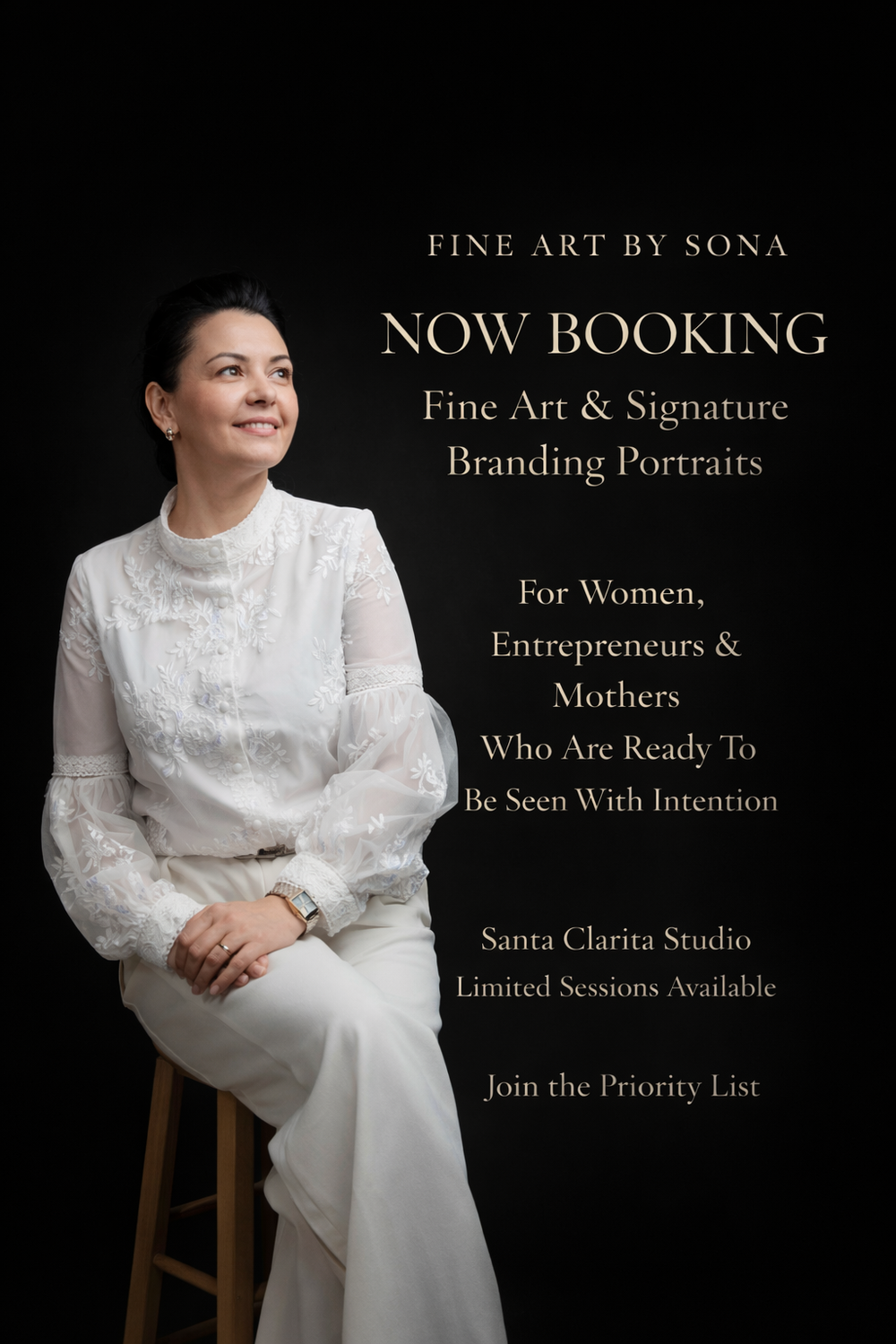 Fine art portrait photography promotional collage featuring elegant white dress and studio setting with text overlays.