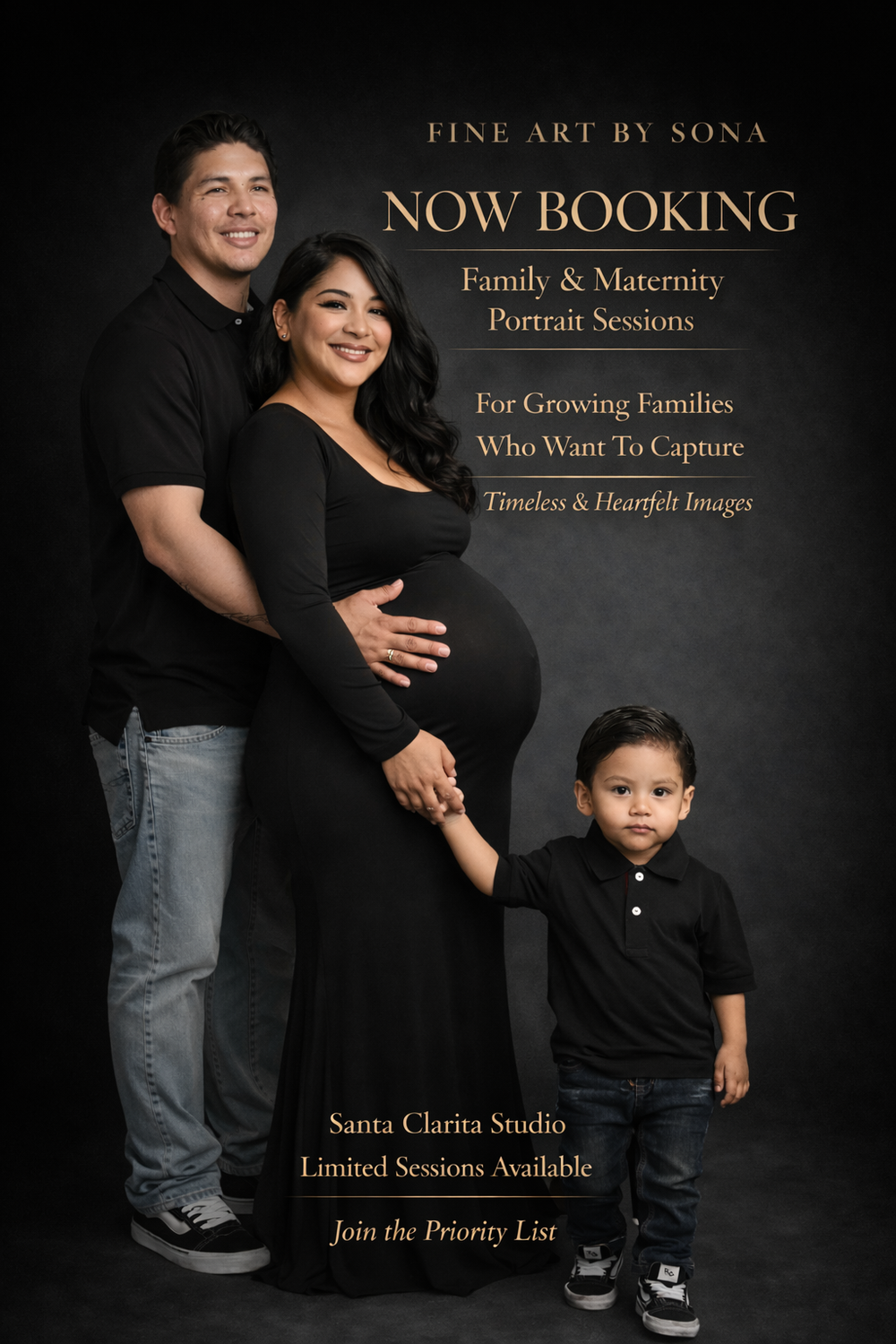 Professional maternity and family portrait studio advertisement showing artistic black and gold session booking details.