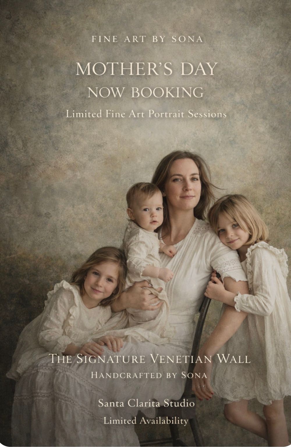 Fine art portrait photography advertisement showing tender family moments in soft vintage style with white clothing.