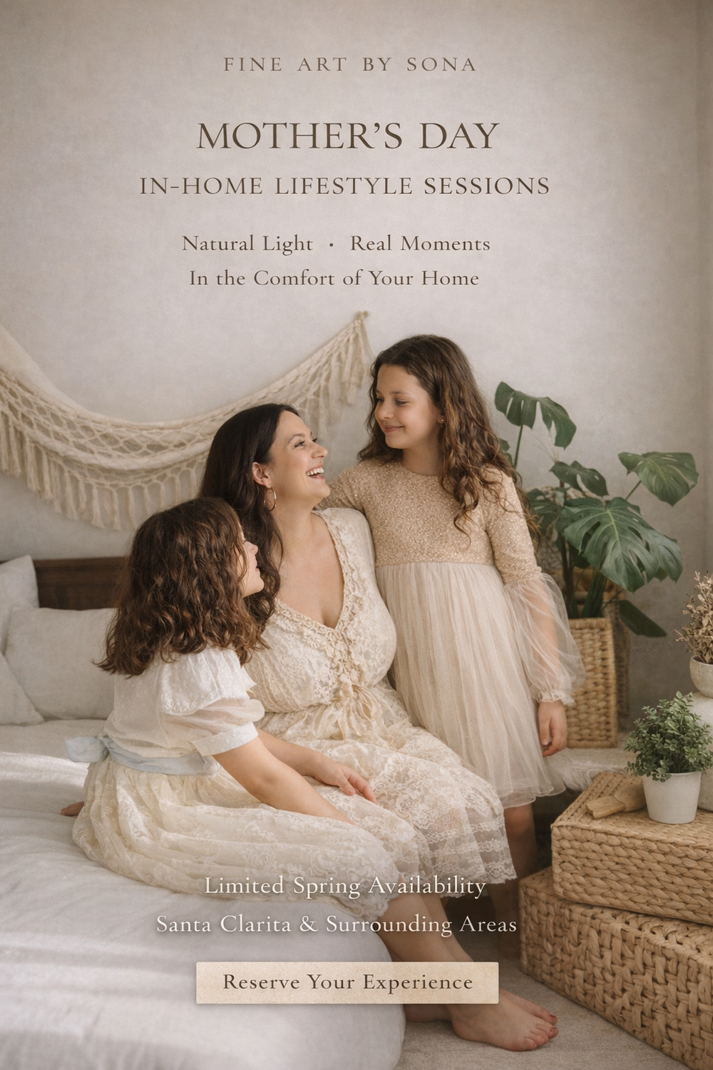 Mother's Day lifestyle photography advertisement featuring soft white decor and natural lighting.