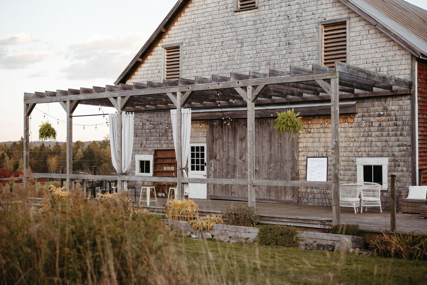 Ticklebelly Hill patio wedding photography rustic barn venue, outdoor fall wedding ceremony in New Brunswick elopement photography Canada