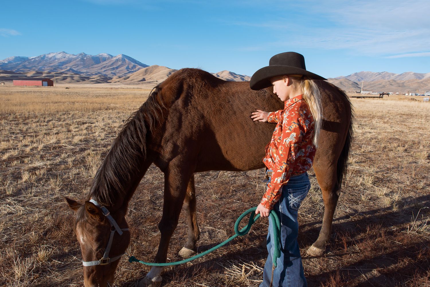 a girl and her horse on a ranch at sunset