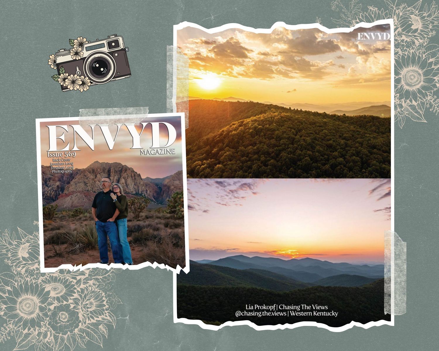 A collection of landscape photos arranged in a collage showing mountains, sunsets and scenic outdoor views.