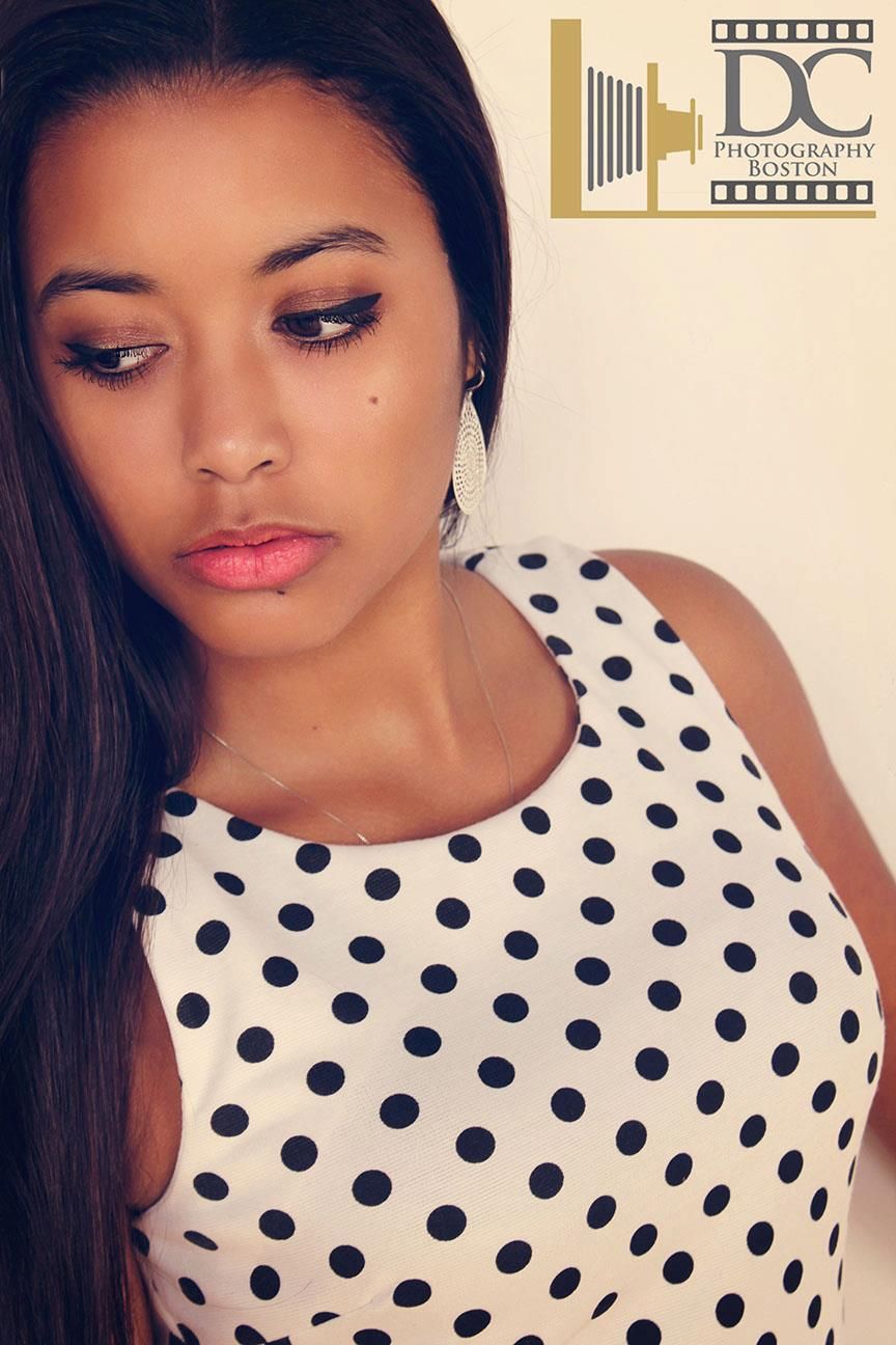 A series of close-up beauty shots showing a polka dot dress against a white background.