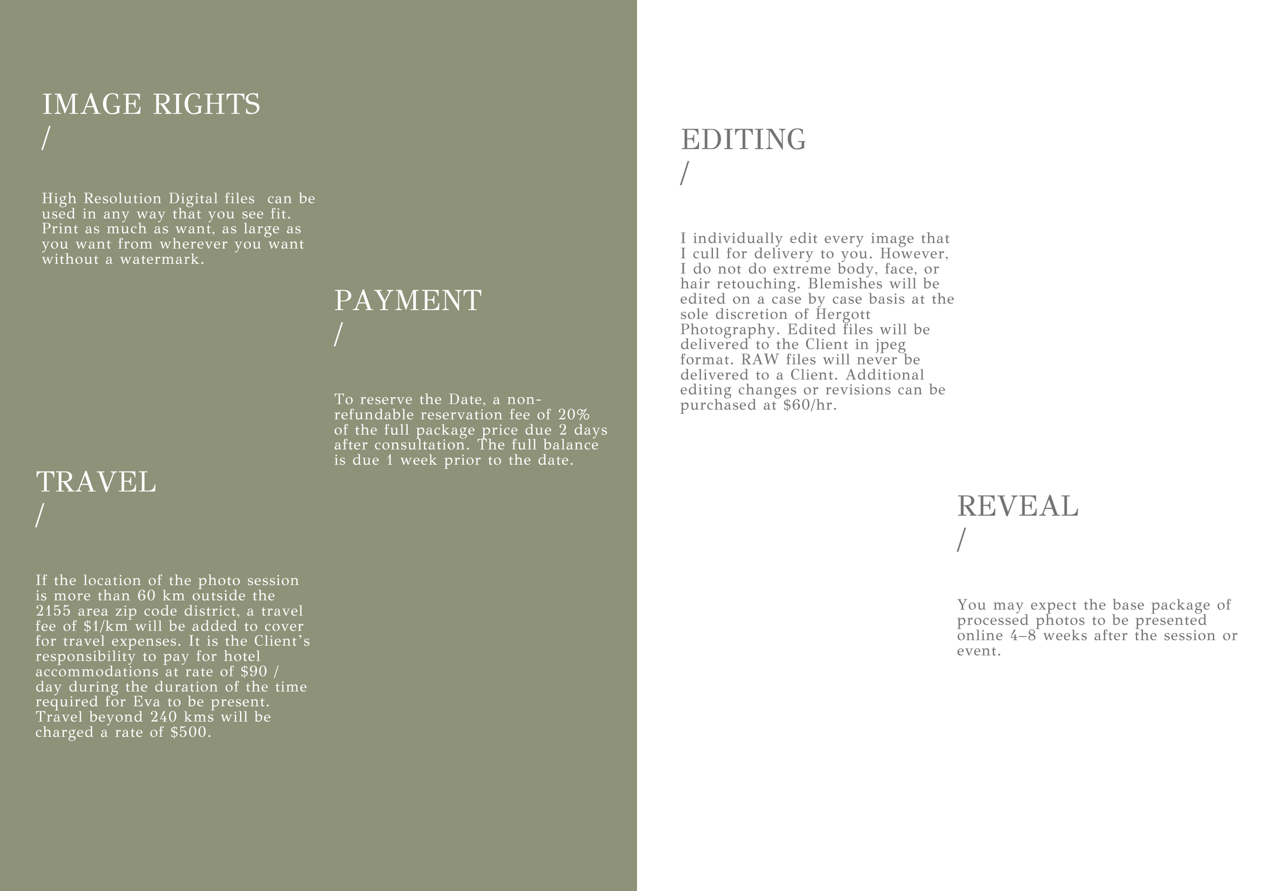 Teal and white photography business pricing and information page layout.