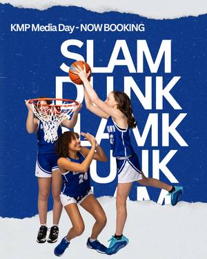 Basketball players leap high to dunk the ball in a dynamic blue and white promotional image for KMP Media Day.
