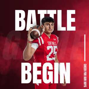 Collage of athletes in red uniforms with 'BATTLE BEGIN' text overlaid on dark red background.