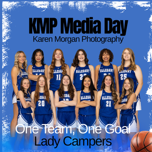 Basketball team photo collage showing players in navy blue uniforms posing together with team slogans and text overlays.