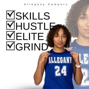 Basketball player in blue Allegany jersey number 24 shown with overlaid text checklist of Skills, Hustle, Elite, and Grind.