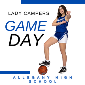 Basketball players in blue and white uniforms from Allegany High School leap and pose in dynamic game action shots.