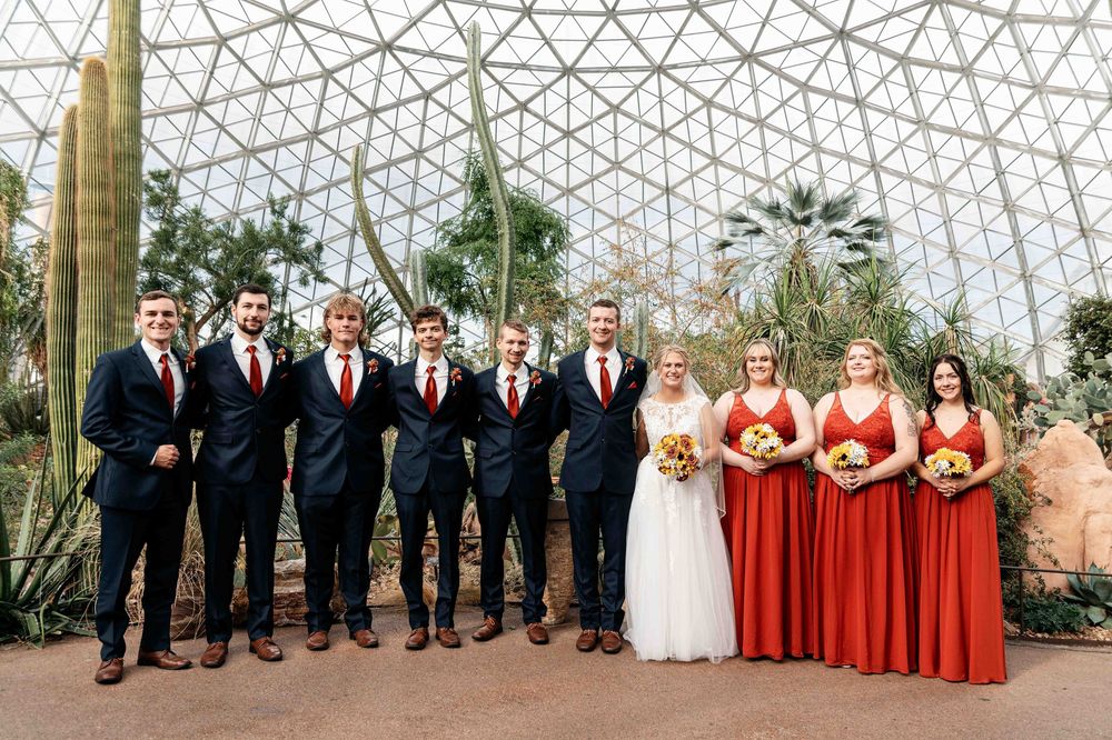 Bridal party group portrait at the Mitchell Park domes.