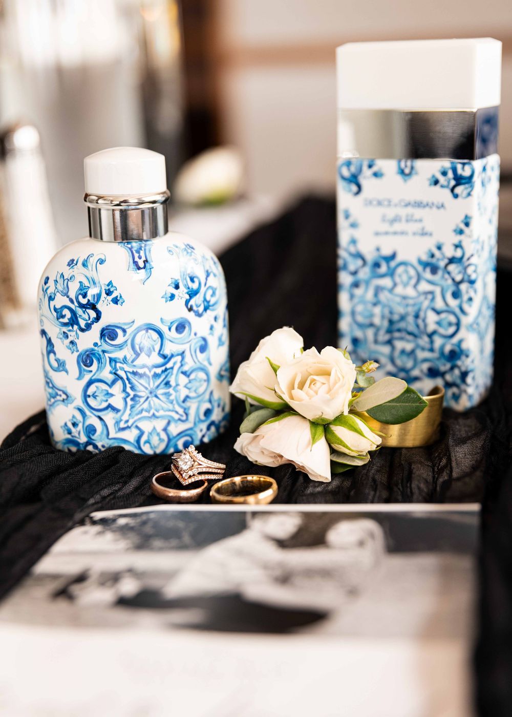 Detail picture of wedding perfume and other accessories.