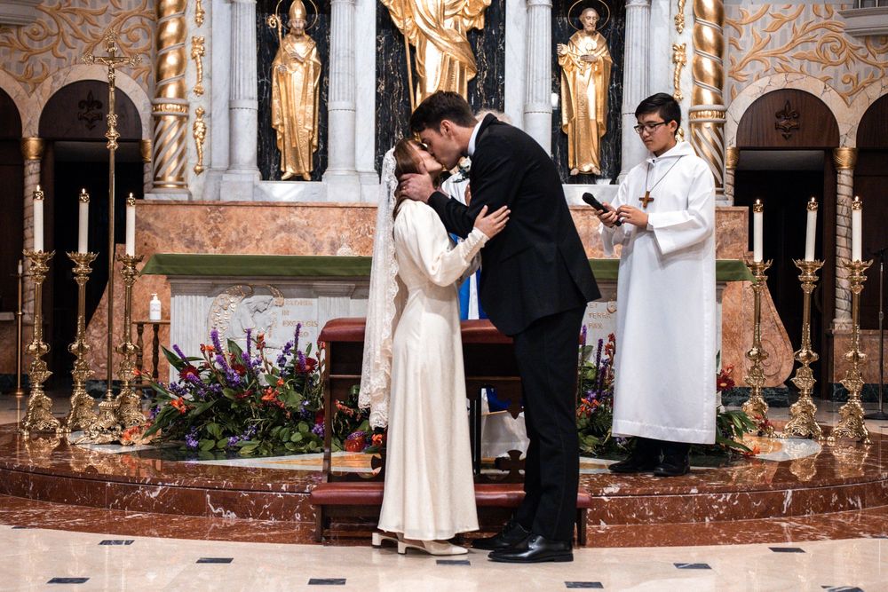 A panoramic collage of wedding ceremony moments captured in an ornate church courtyard with stone columns and arches.